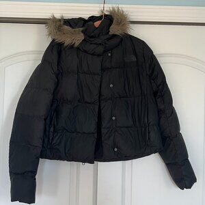 The North Face Cropped Puffer Jacket with Faux Fur Hood